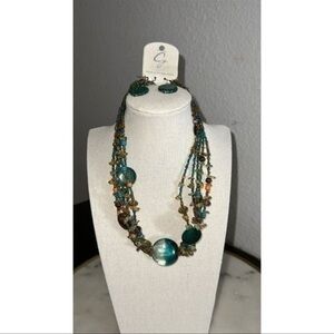 Cg necklace beaded glass pendant seed beads pierced earrings blue brown NWT